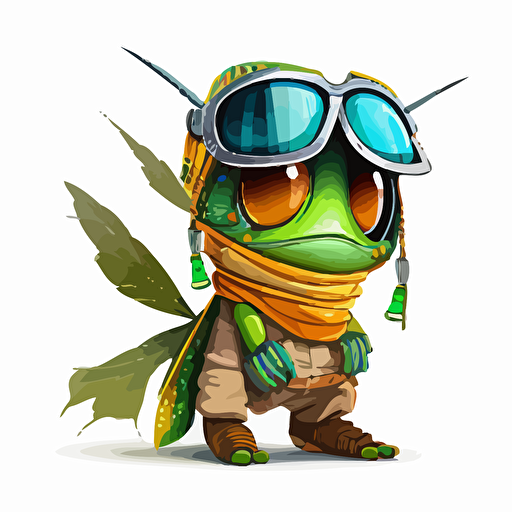 a very cute baby grasshopper wearing very big sunglasses dressed up as a farmer, as a cartoon type, as a vector, white background, bright graffiti colors