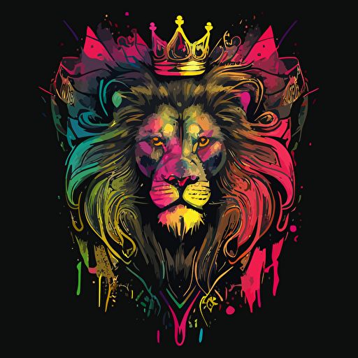 a ferocious lion with a big mane wearing a crown, chicano style graffiti , neon colors, vector