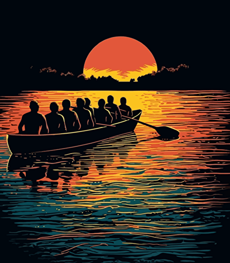 a crowd viewing a rowing boat race from the shore in the style of illustration, luminous palette, pictorial space, vector