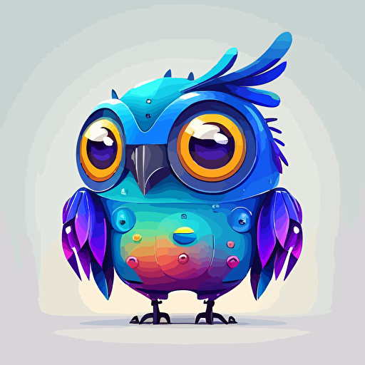 happy, cute, fat, robotic blue bird, big head, large eyes, subtle gradients, colorful feathers, flat style, vector art, 2d
