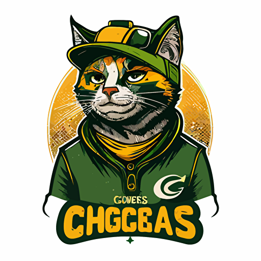 A man-cat who plays for the Green Bay Packers, crosseyed, sports logo style, white background, vector
