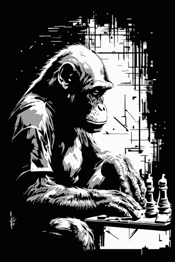 A chimpanzee deep in thought, playing chess. Black & White, detailed line drawing, vector art, comic, abstract.