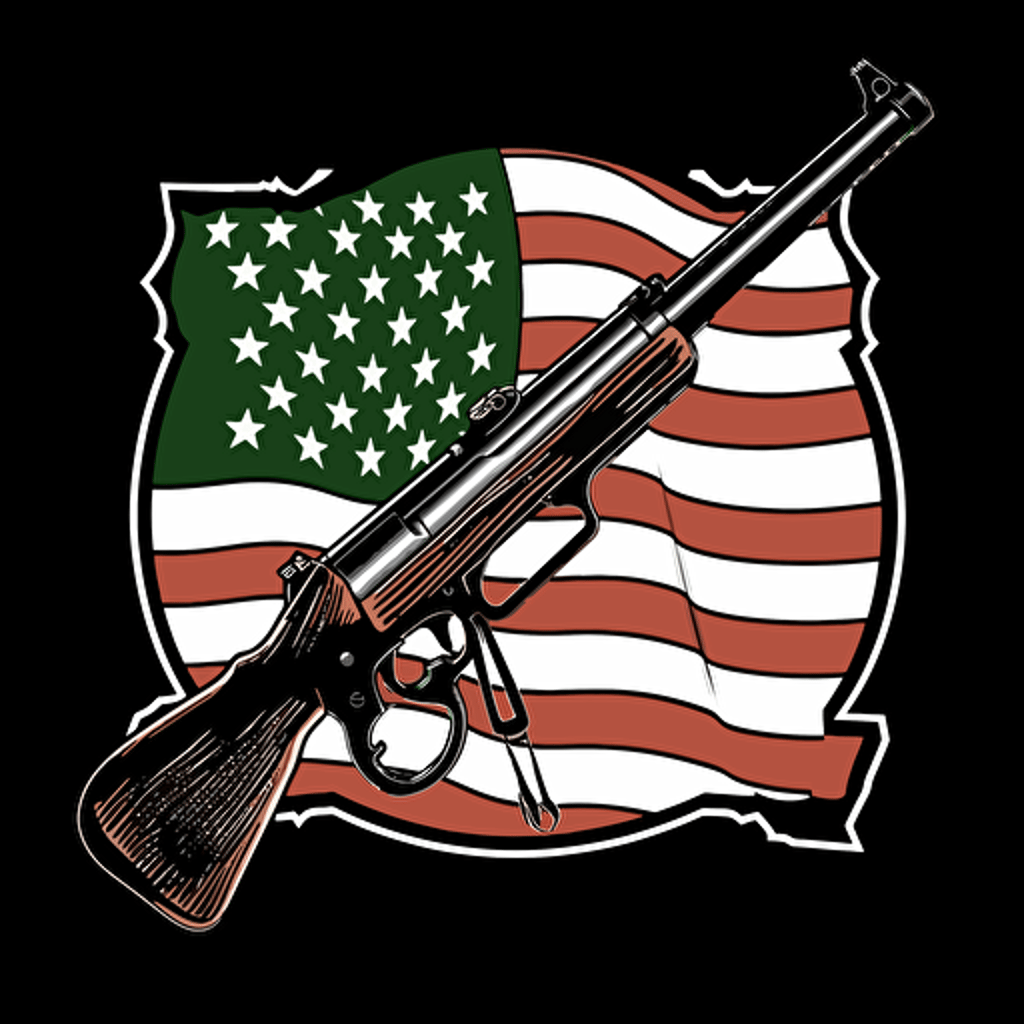 Vector art logo of M1 garand rifle with an American flag in the background with black white and green colors only,
