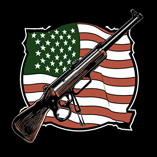 Vector art logo of M1 garand rifle with an American flag in the background with black white and green colors only,