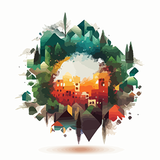 a transparent geometric shape exploding with a small town inside. Nature is represented. Vector styling. Very colored. white background without shadow.