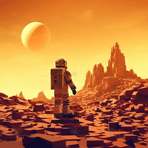 astronaut exploring a landscape made of lego bricks, vector quality, warm colors