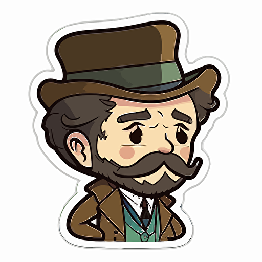 Sticker, Happy Colorful Watson from Sherlock Holmes with short brown beard, kawaii, contour, vector, white background