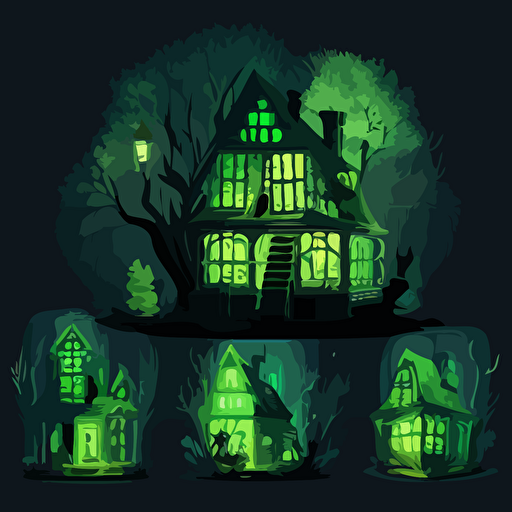 vector haunted house set back in woods, glowing green windows, transparent ghosts