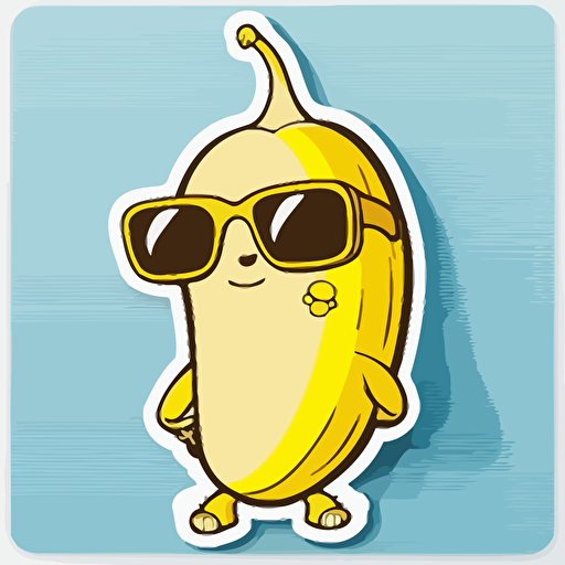 sticker, a cute banana with sunglasses, kawaii, contour, vector, white