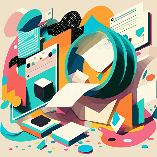 Editorial illustration, collage, flat colors, abstract vector shapes, cover for a technical blog post about software development