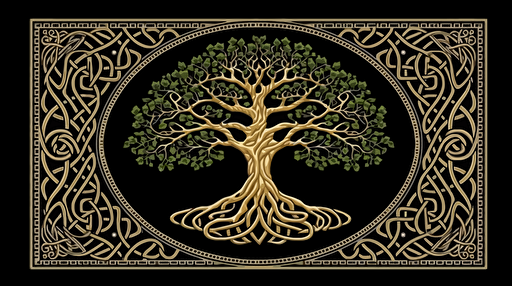 Celtic Tree of life rectangle rug design, simple shapes, spooky theme, vector, bordered, fill frame