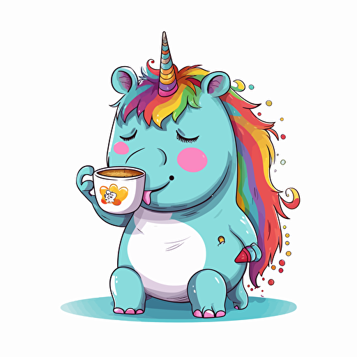 vector cartoonish rainbow color unicorn drinking coffee