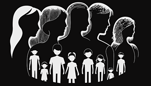 a white logo of big family, vectorised, no text, black background,