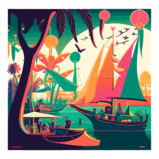 a party at a marina outdoors with a lot of peacocks, sailboats, banyan trees in neon colors, vector style modernist travel posters, Robert Falucci, Cappiello, Henry Reb, Franz Lenhart