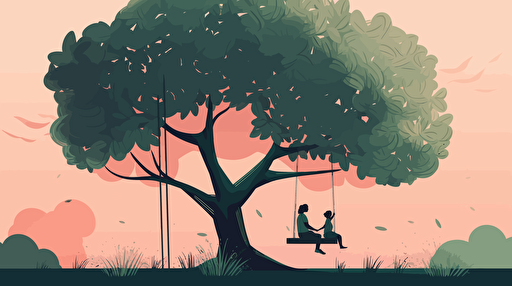 big beautiful tree with a little girl in swing and parents looking , vector ilustration