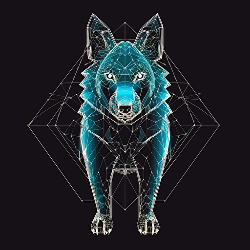Wolf in sacred geometry, Banksy style, black background, large closed shapes, fantasy roboter, white space to fill, abstract, artistic, pen outline, white background, very simple, full field of view, centre, minimalistic logo vector art , simple flat vector logo