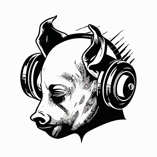 a logo for a dj, with a face pig like the meaning focus with a headphones around his ears, black and white, simple, no textures, plain color, simple, no to much details vector style