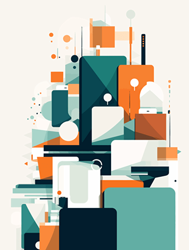 technology background, a stack of multiple vector objects, minimalistic, colorful wallpaper with a white background, clean, simple design with a limited color palette technology background, a stack of multiple vector objects, minimalistic, colorful wallpaper with a white background, clean, simple design with a limited color palette of burnt orange, dark blue, green, and sky blue