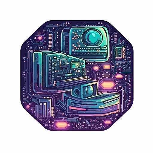 A pixel art, die-cut emblem, of an old computer featuring space, code and tech textures, gradients, modern, vector, simple