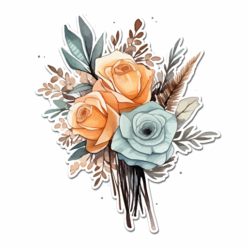 watercolor vector illustration boho line drawn bouquet sticker white background