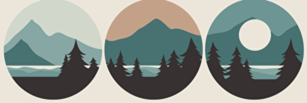 Design a simple vector logo that showcases the beauty of the Pacific Northwest with a color palette of soft blues, muted greens, and warm browns. Include a winding river that meanders through a forest of tall trees and mountains in the background. In the style of the artist Alma Thomas, use circles of different sizes and colors to represent the flora and fauna of the region and create a playful and cheerful desig