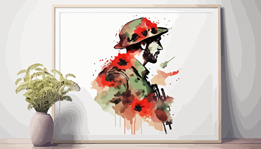 australian soldier and red poppy, watercolour, minimalist, vector, countour