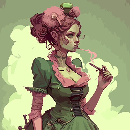 vector,pink,light green,depressed, girl,Cigar, steam punk dress