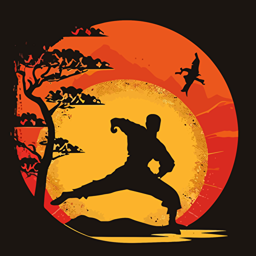 vector poster, ninja, roundhouse kick, in front of large sun background v 5