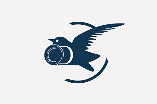 a swift bird flying fast past the front of a DSLR camera, vector logo, minimalist, simple, two color, blue, white, black