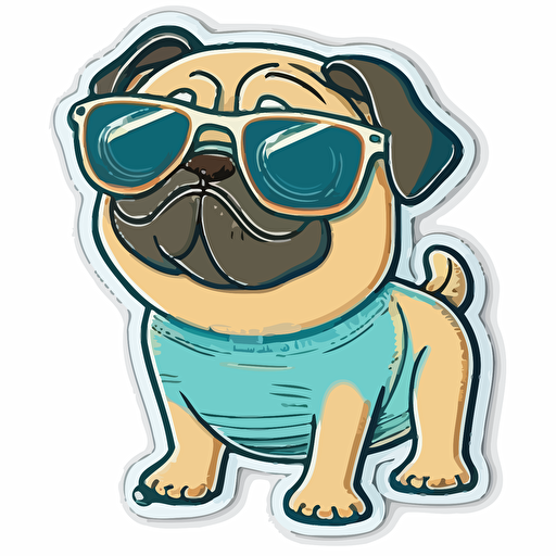 sticker, Cool Happy Pug with sunglasses, kawaii, contour, vector, white background