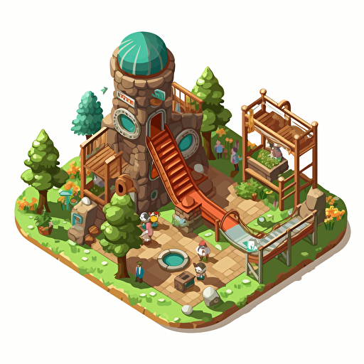 isometric, cartoon vector style, zoo themed childrens playground equipment, transparent background