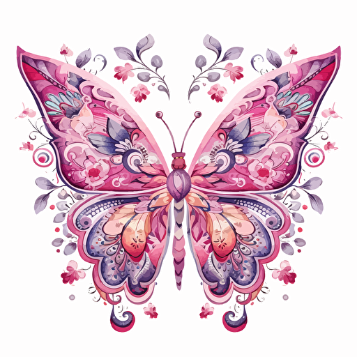 whimsical floral butterfly design in Pink, watercolor, detailed, vector