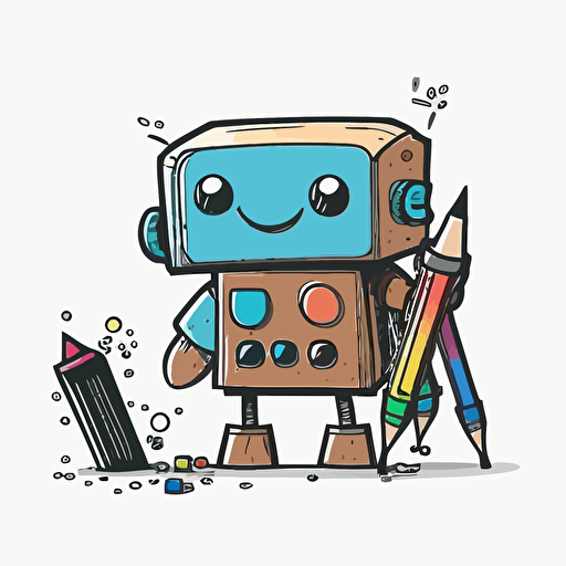 draw a 2D vector, cartoon, cute, happy robot, a simple drawing, in color but bordered with a black line, flat drawing and without details on a white background.