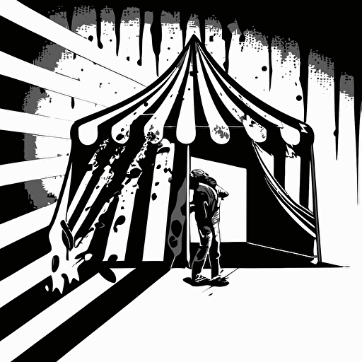 a pop-up market tent that has a broken leg. Black and white, vector image
