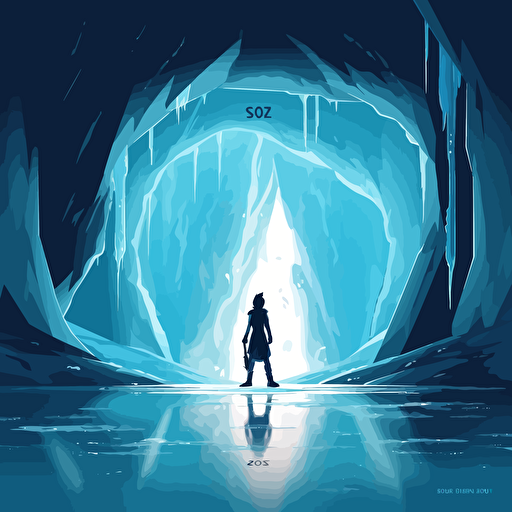 Vector illustration of Sokka, zoomed out in an ice cave, Aesthetics clean and minimalist, abstact water background, with dramatic lighting