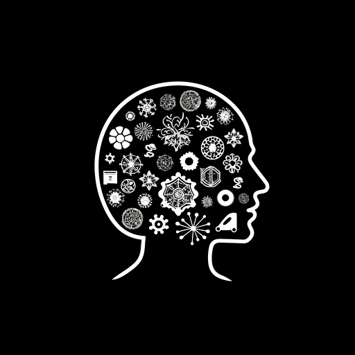 pictorial iconic logo of a healthy mind, white vector, on black backgroung