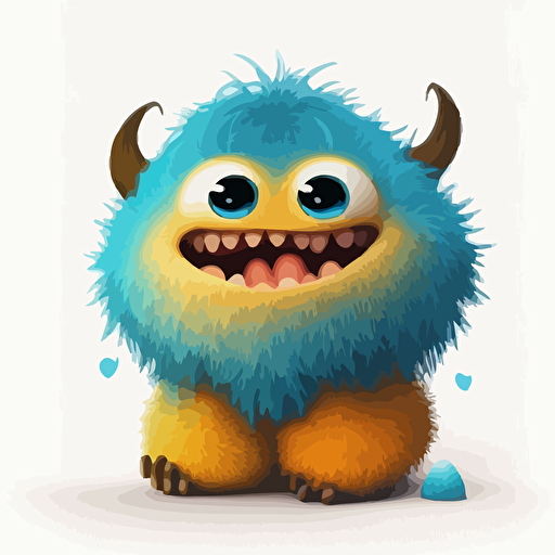 A gorgeus yellow and blue baby fur monster, smiling, white background, vector art , pixar style