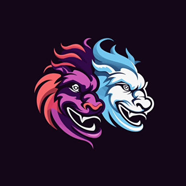 Create a simple vector logo featuring a Chinese dragon and a Chinese lion dancer. The dragon should be colored in shades of black and purple, with white accents to give it a sleek and modern look. The lion dancer should be in white, with accents of purple and black to match the dragon. The logo should have a clean and minimalist design, with a white background to make the colors stand out.