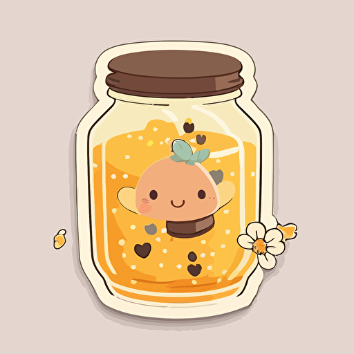 vector sticker design, transparent background, yellow and brown toning, cute kawaii style, Honey jar filled with honey simple bacground