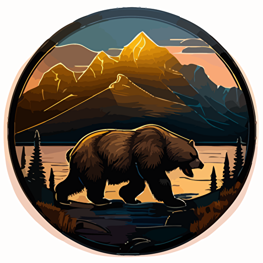 A coin emblem with a Bear in an action pose, dynamic, fast pace action:: background of mountains, color, vector, ar 5:3, c 100