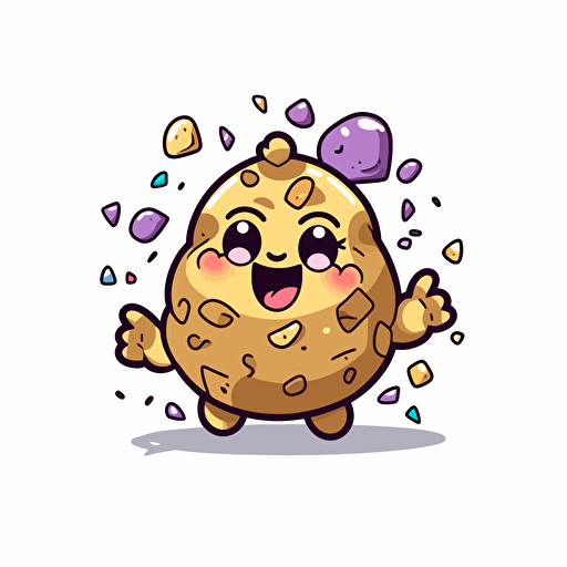 a twitch potatoes emote who celebrate, happy, sticker, adorable cartoon, contour, vector, white background, confeti behind