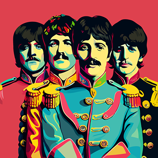 in the foreground, the four beatles stand frontally and dynamically facing us, chest illustration, Sgt. Pepper's Lonely Hearts Club Band, , vector illustration