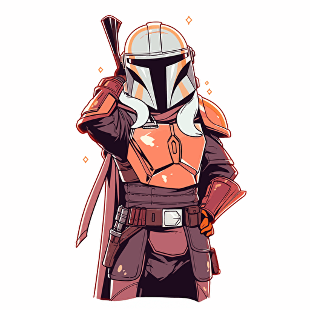 A beautiful female mandalorian, goofy looking, smiling, minimalistic, flat light, white background, vector art , pixar style