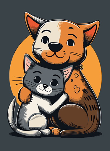cartoon of a cat and dog hugging, vector style