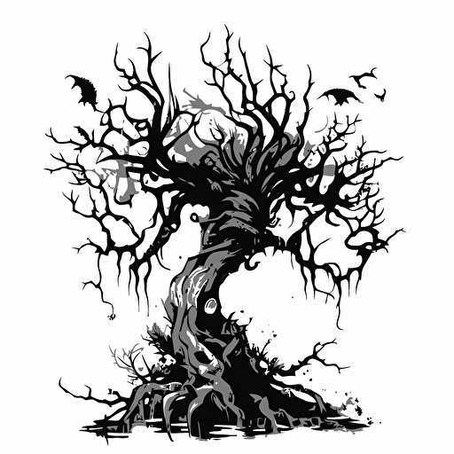 black and white vector image of magical tree decaying