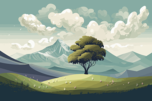 vector illustration of a large single tree in front of mountains and giant cumulus clouds