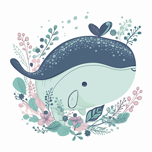 cute whale, detailed, cartoon style, 2d clipart vector, creative and imaginative, floral, hd, white background