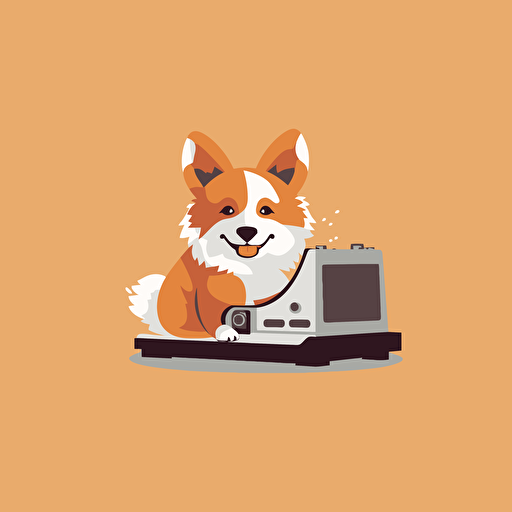 cute dog sitting down with paws on an open printer, side view, vector illustration, minimal style