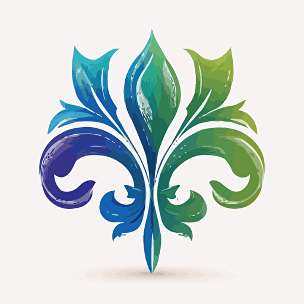 Blue and green fleur de lys, trust, reliability, loyalty, growth, harmony, nature, vectorized, illustrator, flat, 2d, white background