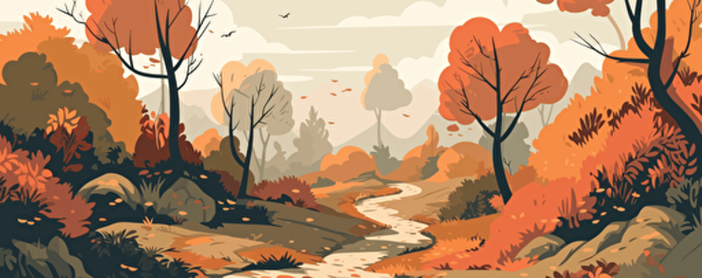 Autumn landscape with trees, bushes and path Autumn landscape with trees, bushes and path, limit colors, vector stylet, flat colors, minimal, svg style, no gradient